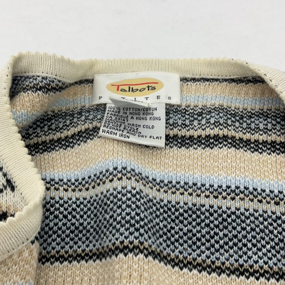Talbots Beige Cotton Cream Black Light Blue Knitted Cardigan Sweater Womens S - Picture 6 of 8